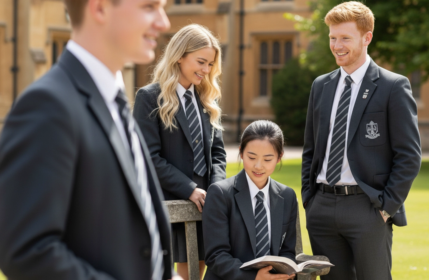 Students holding yearbooks and hoodies
