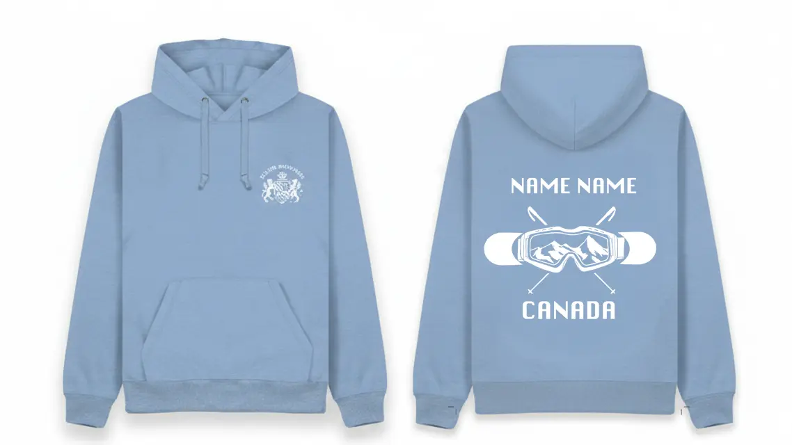 Ski trip blue hoodie front back image